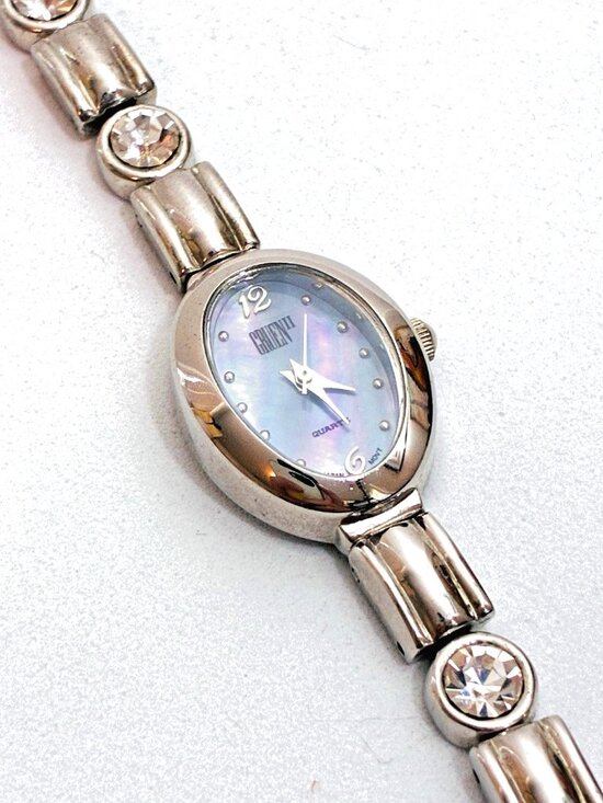Gruen Womens Watch Mother of Pearl Oval Dial Rhinestone Bracelet Silver (S9)